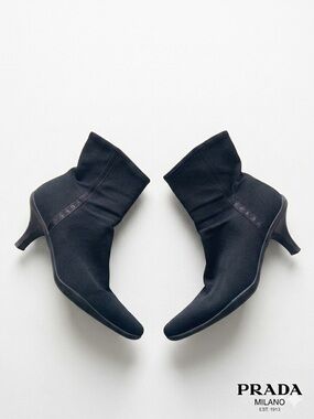 PRADA Milano Black Stretch Sock Ankle Boots Kitten Heel Size 38